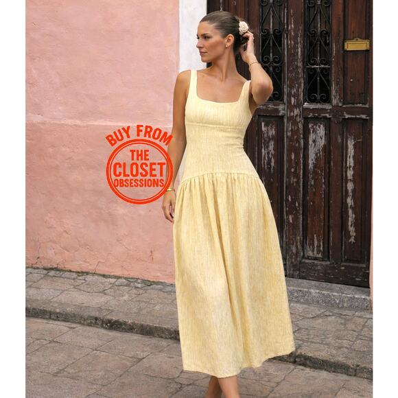 Zara Dresses & Skirts - ZARA Yellow Textured Midi Dress NWT Square Neck Open Back Cottagecore Size S